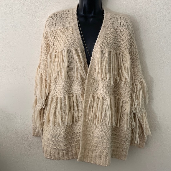 Saltwater Luxe Cream Fringe Boho Open Front Cardigan size L - Picture 7 of 7